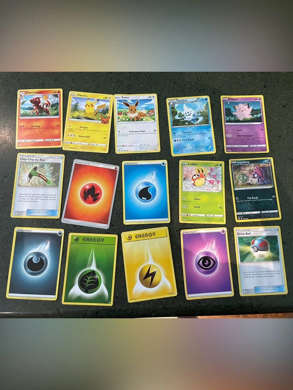 Pokemon Trading Cards Assortment - Purple, Yellow, Green, Blue- Lot of 67 cards